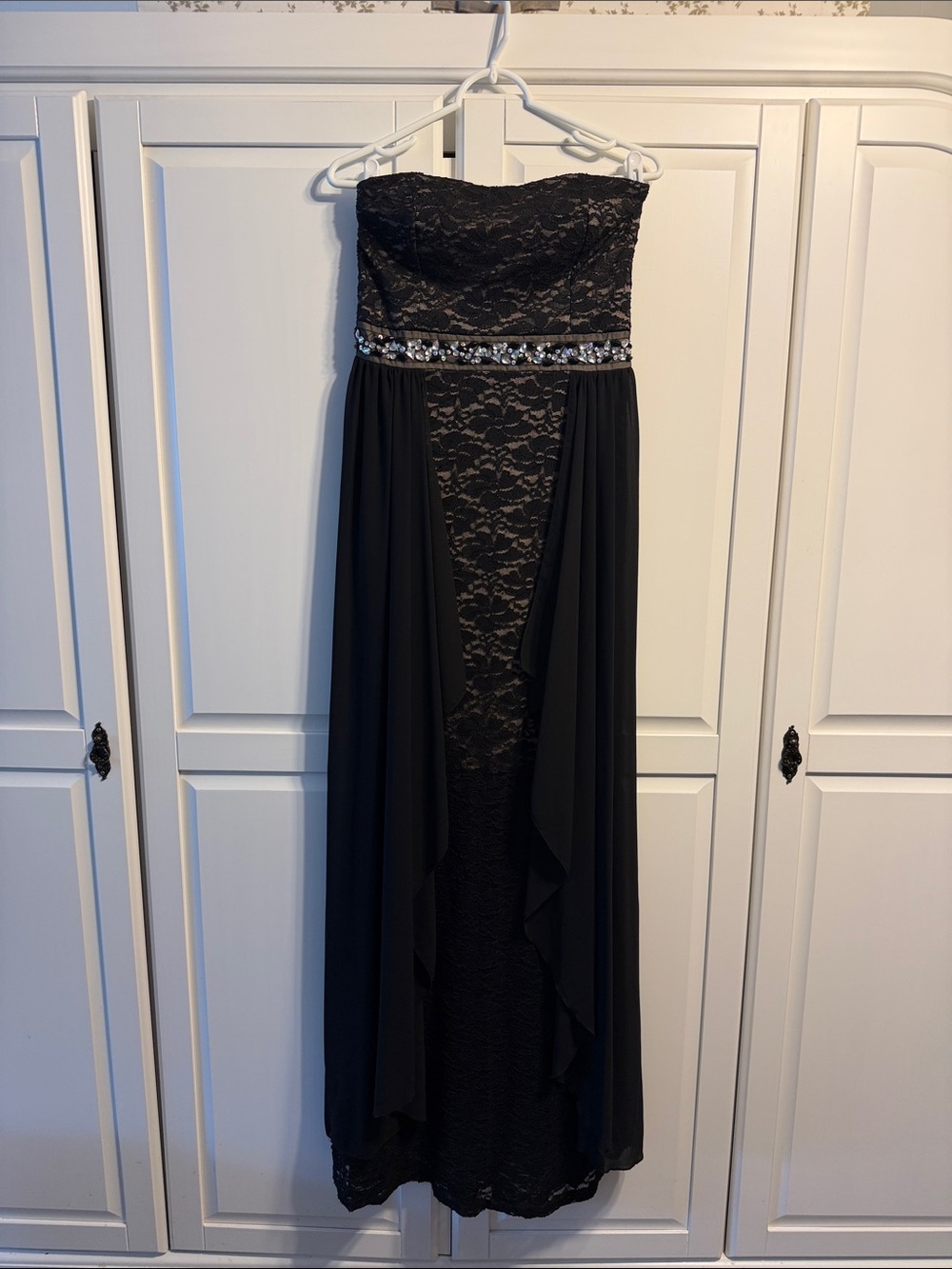 Strapless Black Lace Evening Gown with Beaded Waist